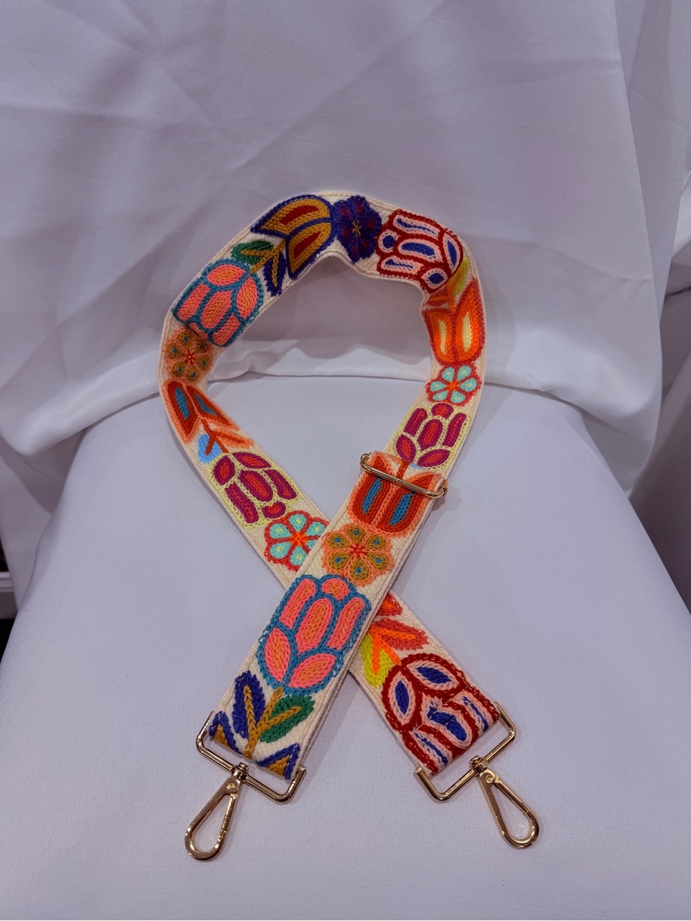 Embroidered Floral Crossbody Strap - Cream with Multicolor Floral Accents
